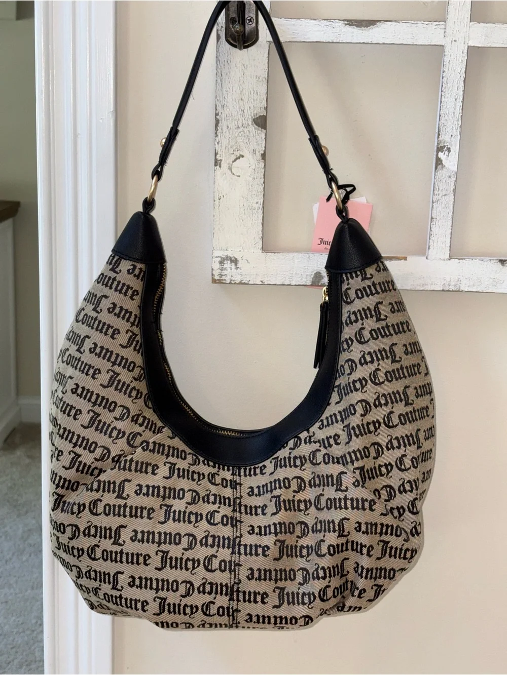 Juicy Couture Black & Beige Logo Hobo with Heart Charm